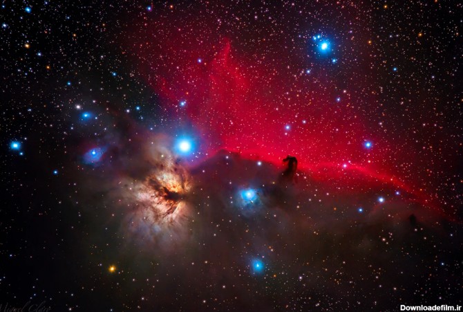 سحابی اسب در یک زمینه رنگارنگ از گاز و ستاره‌ها