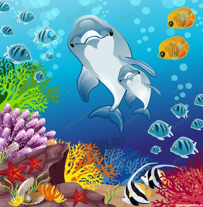 وکتور دلفین و حیوانات دریایی - وکتور تصویر سازی کارتونی دنیای زیر ...