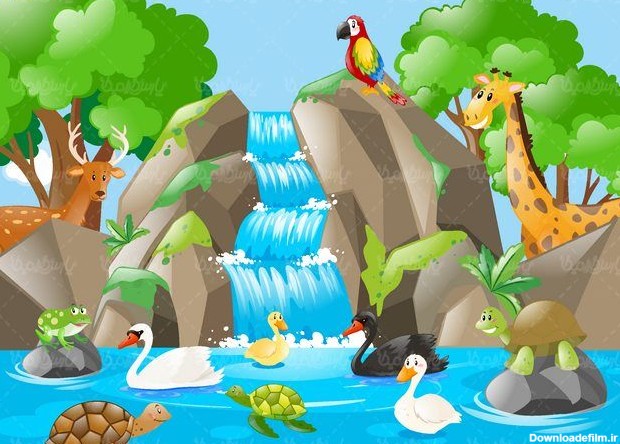 وکتور حیوانات جنگل وکتور نقاشی کودکانه وکتور آبشار