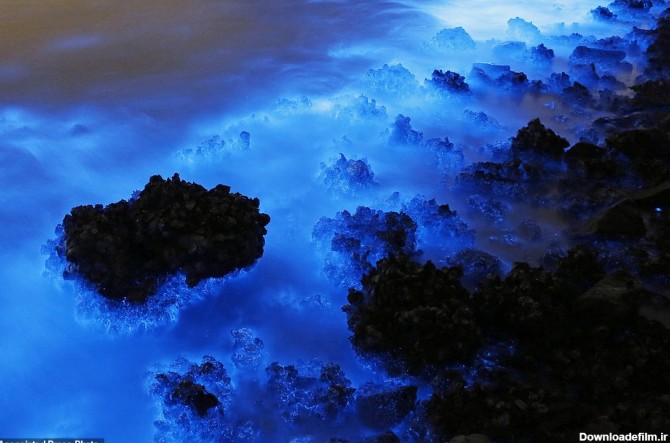 دریایی با ساحل درخشان آبی رنگ در شب + تصاویر
