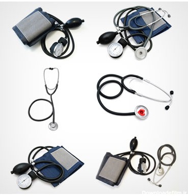 عکس از تعدادی گوشی پزشکی و دستگاه فشار خون بر روی زمینه ی روشن