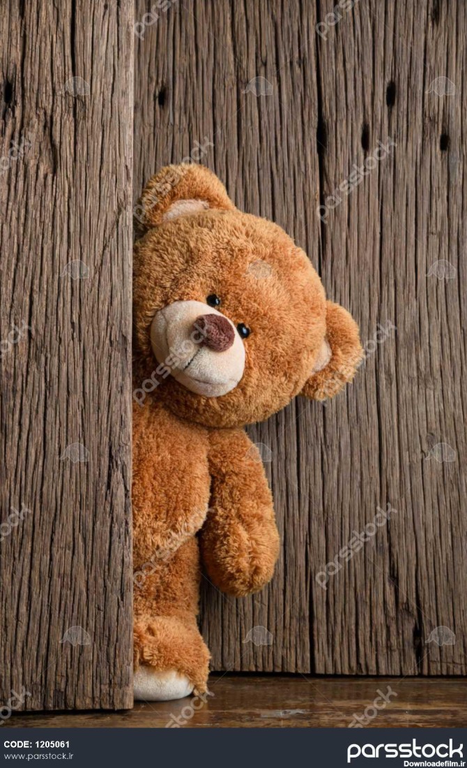 خرس عروسکی زیبا با زمینه چوبی قدیمی 1205061