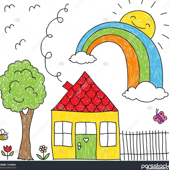 نقاشی کودک از خانه رنگین کمان و درخت 1316292