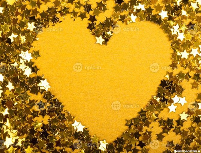 دانلود عکس قلب ستاره های طلایی روز ولنتاین در پس زمینه زرد | اوپیک