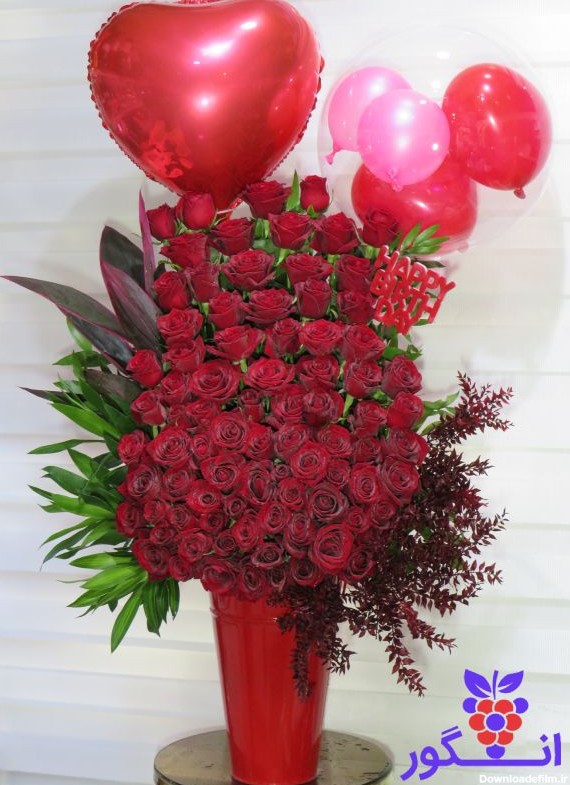 سفارش باکس گل تولد عاشقانه با تم رنگی قرمز | گل فروشی آنلاین انگور