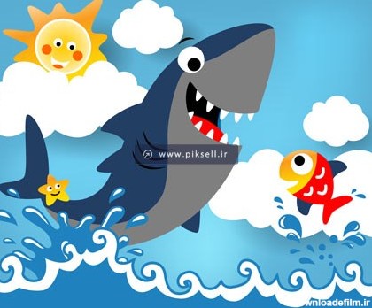 فایل لایه باز پس زمینه کارتونی با طرح کوسه و ماهی ها در دریا