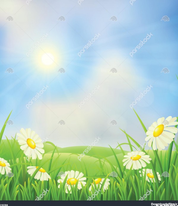 منظره علفزار با چمنزارهای سبز گلها تپه ها و خورشید 1516384