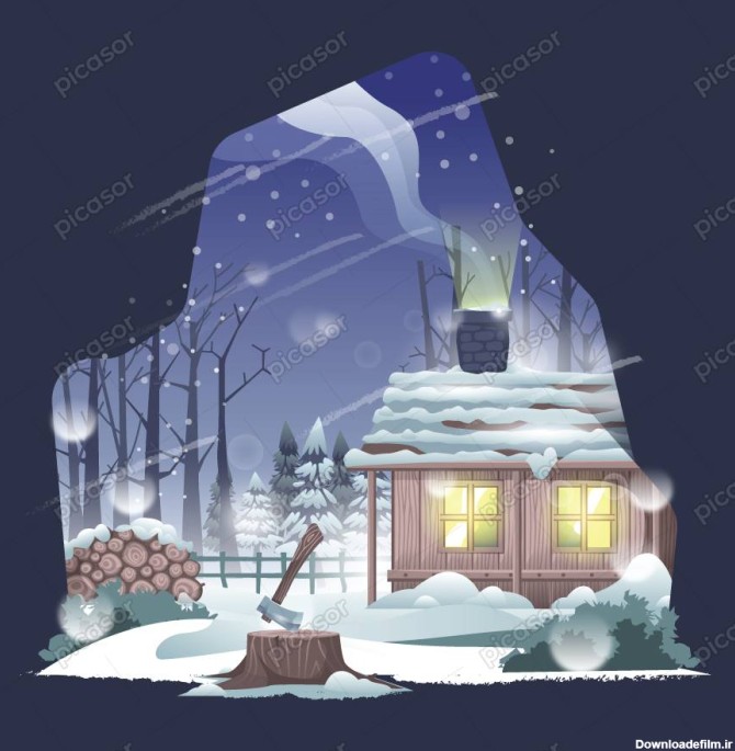 وکتور کلبه جنگلی در شب سرد زمستانی با چشم انداز کوهستان برفی » پیکاسور
