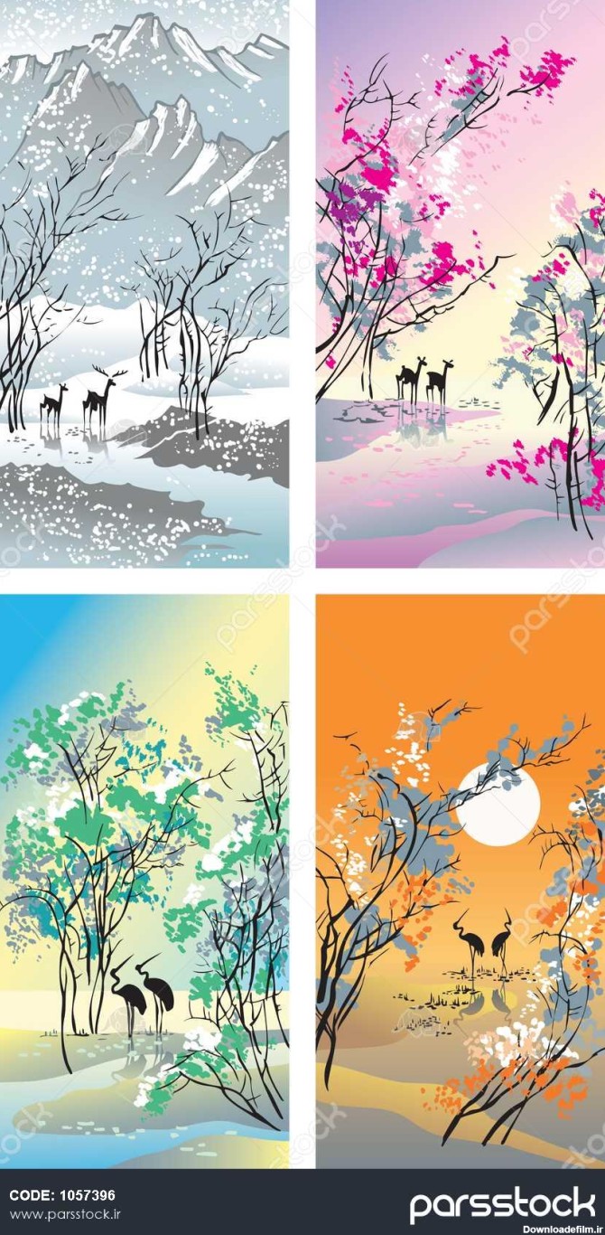 چهار فصل : زان، بهار ، تابستان و پاییز ، تصویر دست نقاشی در چین به ...