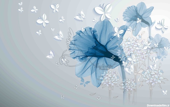 طرح لایه باز پوستر دیواری گل آبی زمینه آبی و پروانه های سفید
