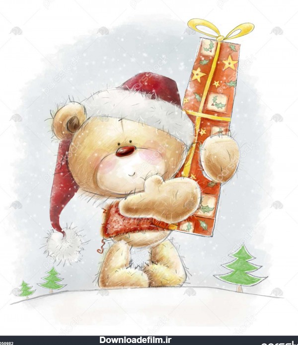 خرس ناز عروسکی با هدیه ی بزرگ قرمز رنگ در تصویر سانتا hat.Childish ...