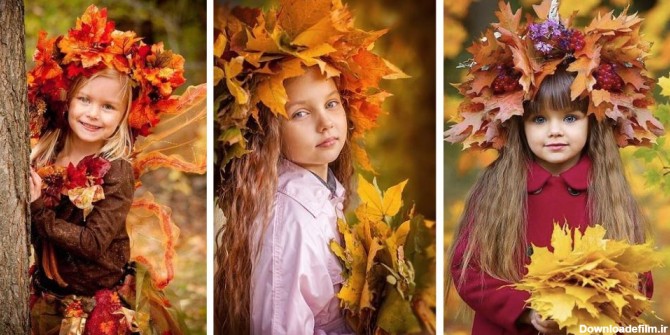 ایده عکاسی پاییزی دختر کودک با تاج برگ‌های پاییزی