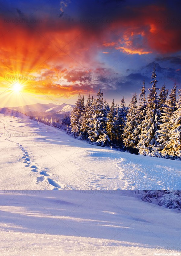 عکس با کیفیت منظره غروب زمستانی در کوهستان برفی - گرافیک با طعم تربچه