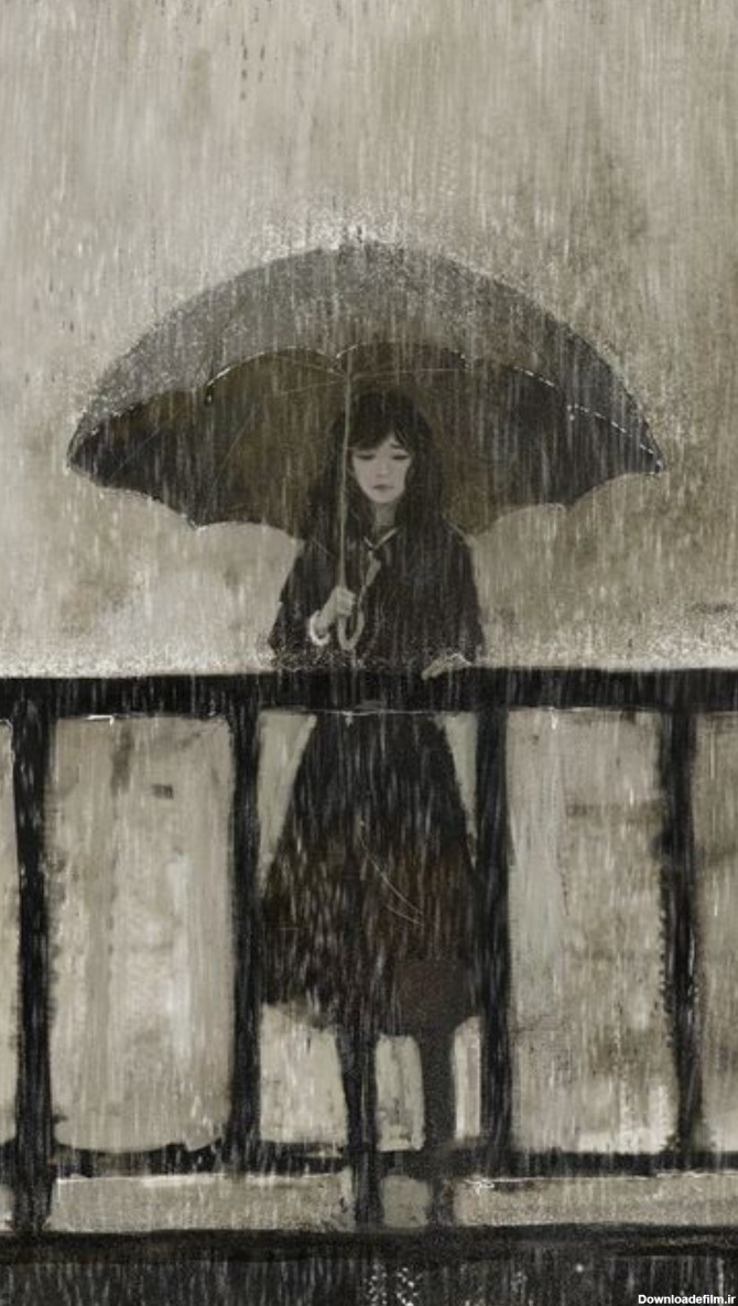 طراحی نقاشی دختر زیر باران ناراحت | تاوعکس
