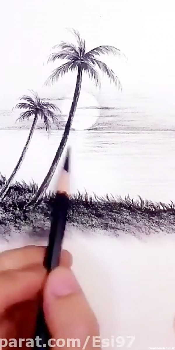 آموزش نقاشی دریا و درخت نخل با مداد