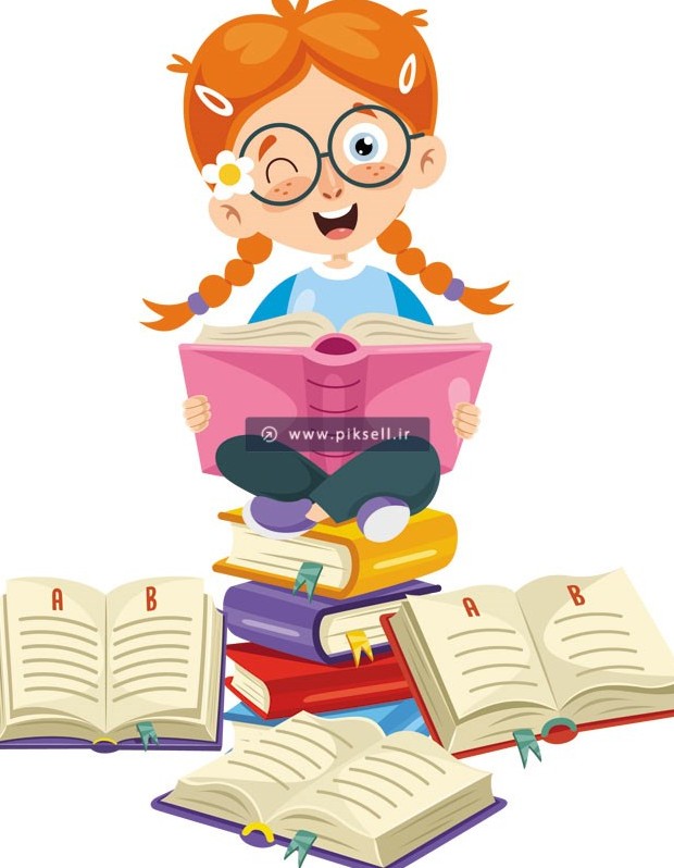 طرح وکتور لایه باز کاراکتر کارتونی دختر درسخوان در حال مطالعه کتاب