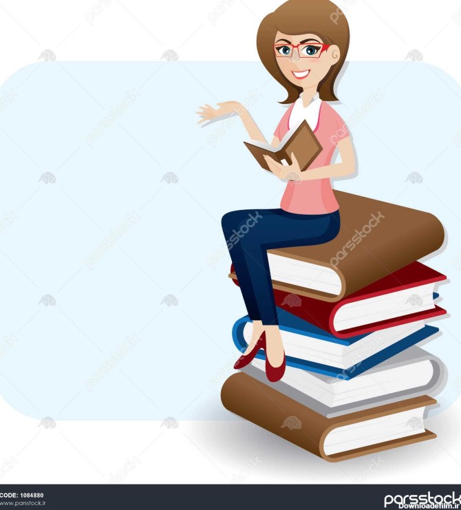 تصویر زن کارتونی در حال خواندن کتاب روی پشته کتاب 1084880