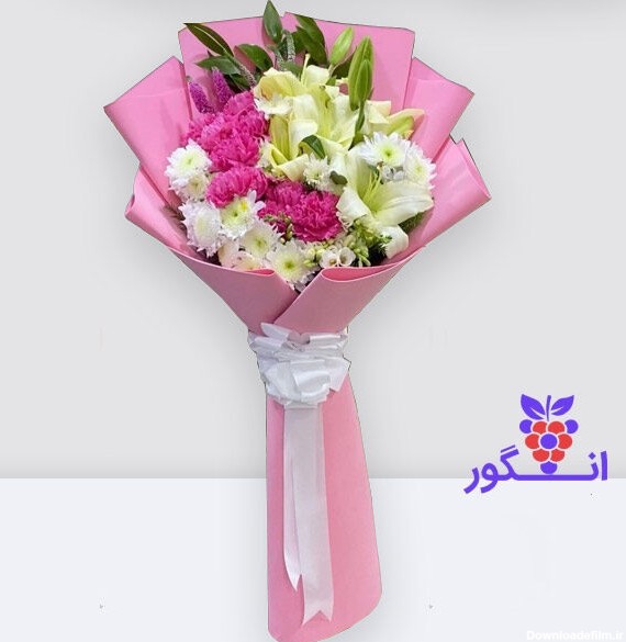 دسته گل زیبا با گلهای داوودی سفید و لیلیوم - خرید دسته گل - سفارش آنلاین گل