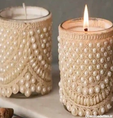 شمع دکوری دیزاین‌شده با دانه‌های مروارید