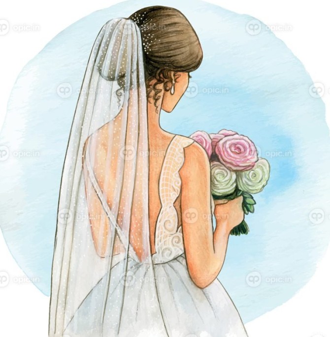 وکتور آبرنگ تصویر عروس لباس مجلسی و حجاب سفید | اوپیک