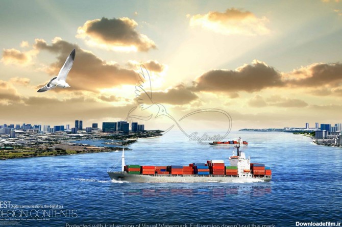 دانلود طرح لایه باز پوستر دیواری کشتی تجاری در اقیانوس و شهر بندری