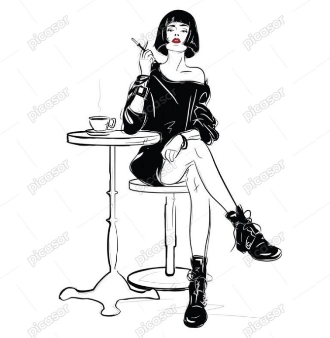 وکتور زن جوان فشن در حال سیگار کشیدن روی صندلی با فنجان قهوه