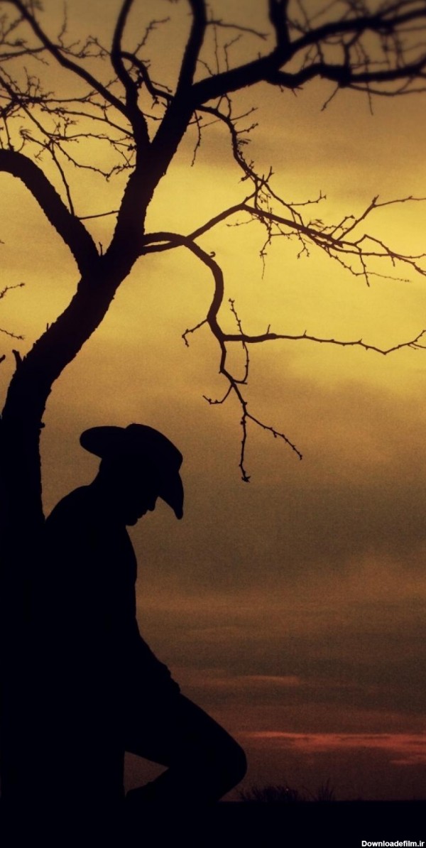 دانلود عکس تنهایی مرد تکیه داده به درخت خشک شده در غروب