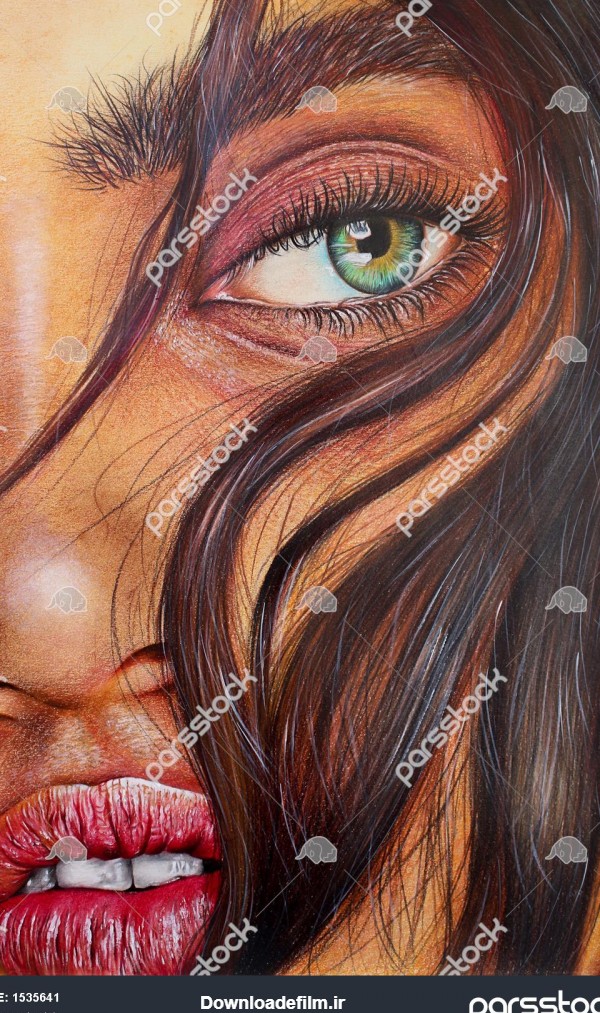 پرتره زیبا نقاشی مداد رنگی از دختری با چشمان آبی با کیفیت بالا و ...