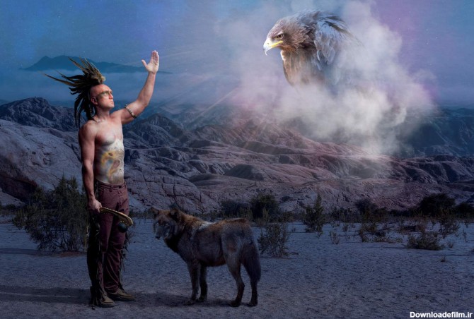 دانلود تصویر شاتراستوک عقاب و گرگ با پس زمینه کوه و مرد سرخ پوست ...