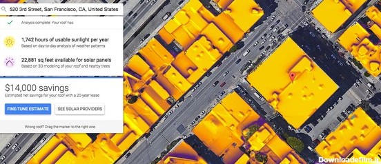 پروژه Google Sunroof با تحلیل عکس‌های ماهواره ای از پشت بام خانه و میزان آفتاب در ساعات مختلف شبنه‌روز، به شما می‌گوید اگر از سلول خورشیدی برای تولید انرژی استفاده کنید، چقدر در هزینه مصرف انرژی صرفه‌جویی خواهید کرد.