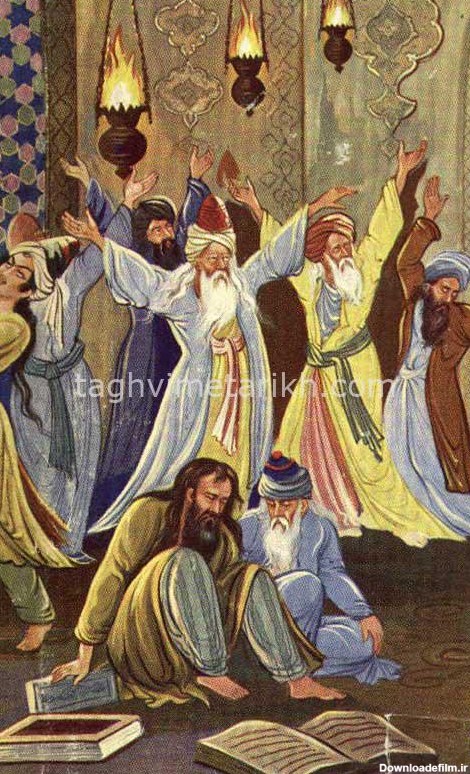 نقاشی شمس و مولانا نشسته و دیگران در حال رقص سماع