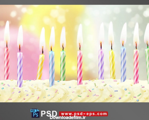 طرح لایه باز فانتزی شمع های کوچک رنگی بر روی کیک جشن تولد - لایه ...