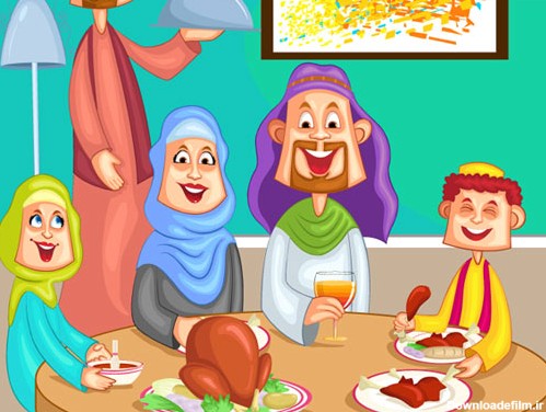 دانلود وکتور لایه باز با طرح خانواده مسلمان در کنار میز شام
