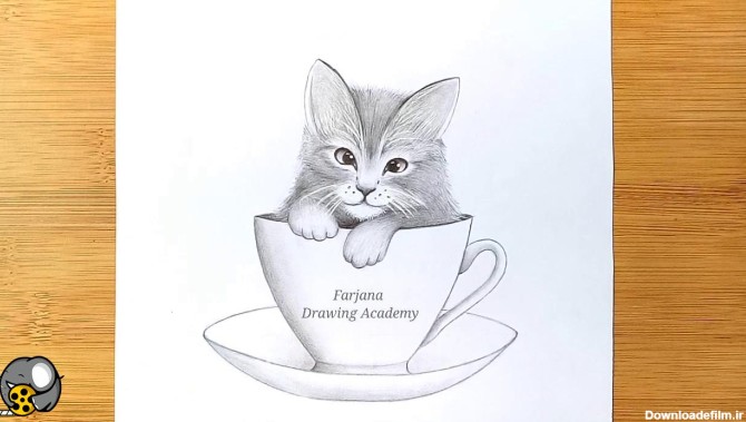 آموزش نقاشی یک بچه گربه ناز در یک فنجان// طرح مداد - فیلو