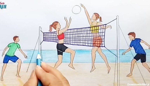 How to draw scenery of girls and boys playing volleyball on the beach