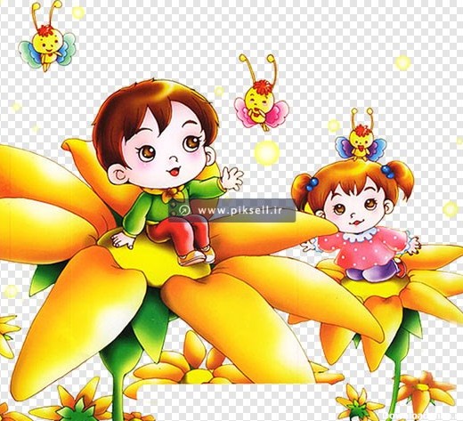 تصویر کارتونی فانتزی با طرح بچه های شاد نشسته روی گلهای زرد