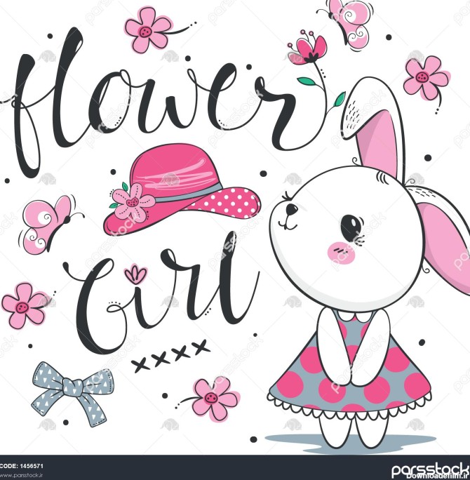 دختر خرگوش ناز با گل جدا شده در وکتور تصویر زمینه پس زمینه سفید ...