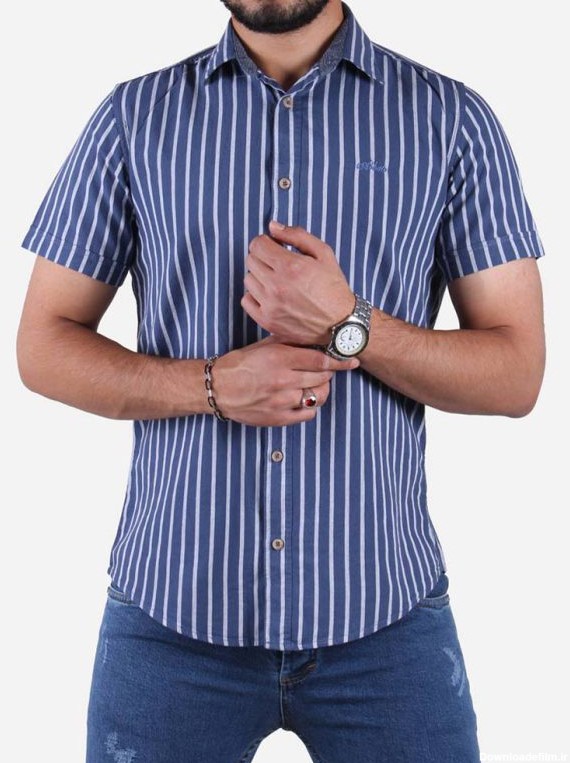 پیراهن مردانه آستین کوتاه راه راه یقه دو رنگ سرمه ای سفید