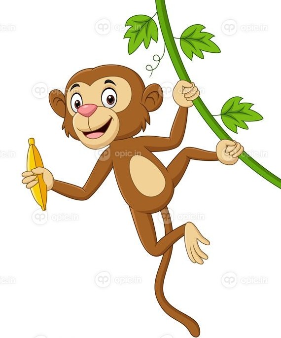 دانلود وکتور کارتونی میمون آویزان شده و موز را در شاخه درخت نگه می ...