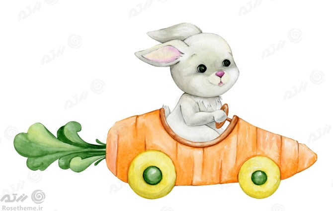 وکتور لایه باز EPS طرح کارتونی و آبرنگی خرگوش سوار ماشین هویجی | رزتم
