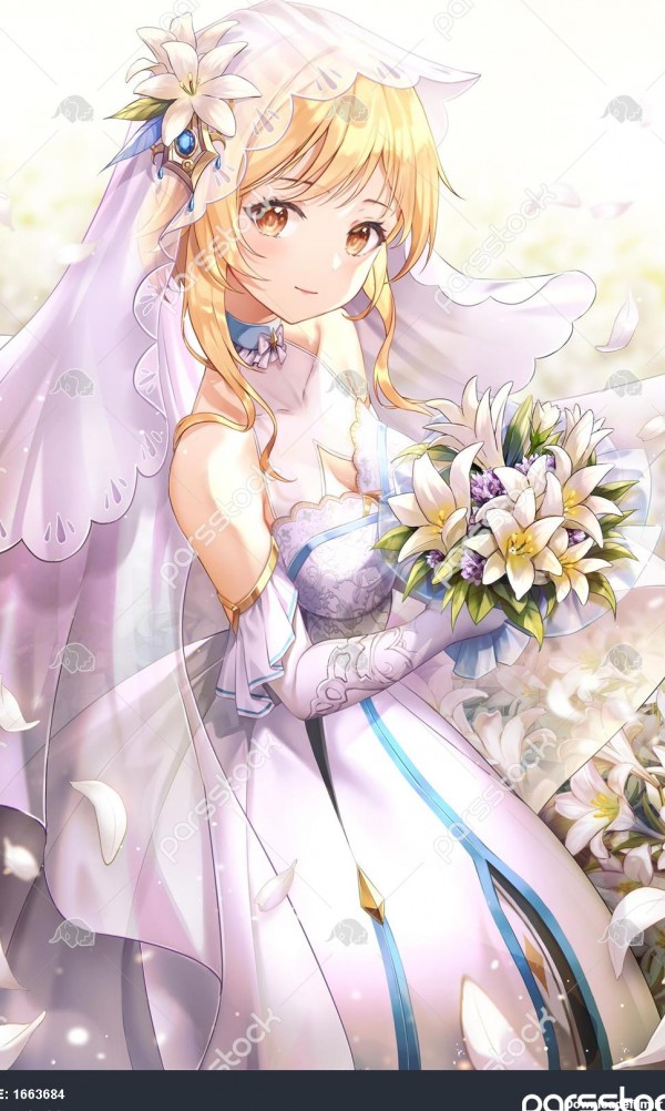 نقاشی انیمه عروس زیبا با موهای بلوند و تور و لباس سفید و دسته گل ...