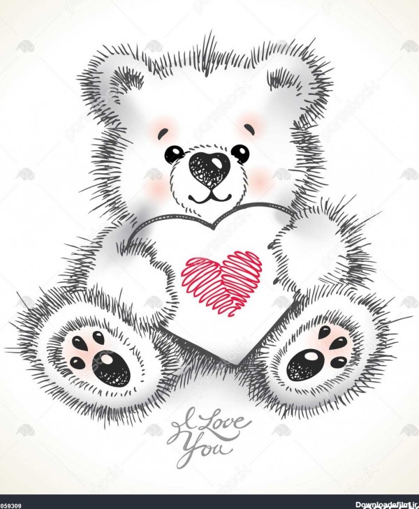 دست خرس عروسکی پشمالو با یک قلب را با پنجه کشیده شده است. تصویر ...