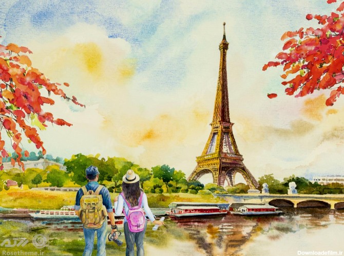 عکس نقاشی منظره شهر پاریس، برج ایفل فرانسه | رزتم