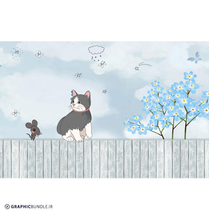 پوستر دیواری کودکانه با طرح گربه روی نرده چوبی و درخت با ...