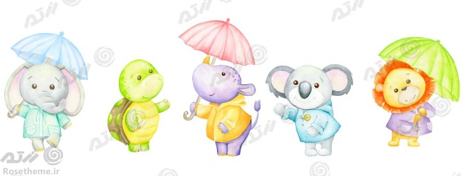 وکتور کودکانه و کارتونی حیوانات شامل فیل و لاکپشت و اسب آبی و کوالا و شیر به همراه چتر های رنگارنگ فایل EPS