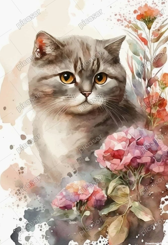 وکتور نقاشی گربه با گل آبرنگی - وکتور تصویرسازی گربه با گل ...