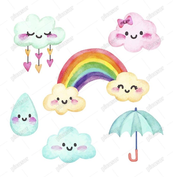 6 وکتور کودکانه از ابر و رنگین کمان چتر و باران طرح نقاشی آبرنگی ...