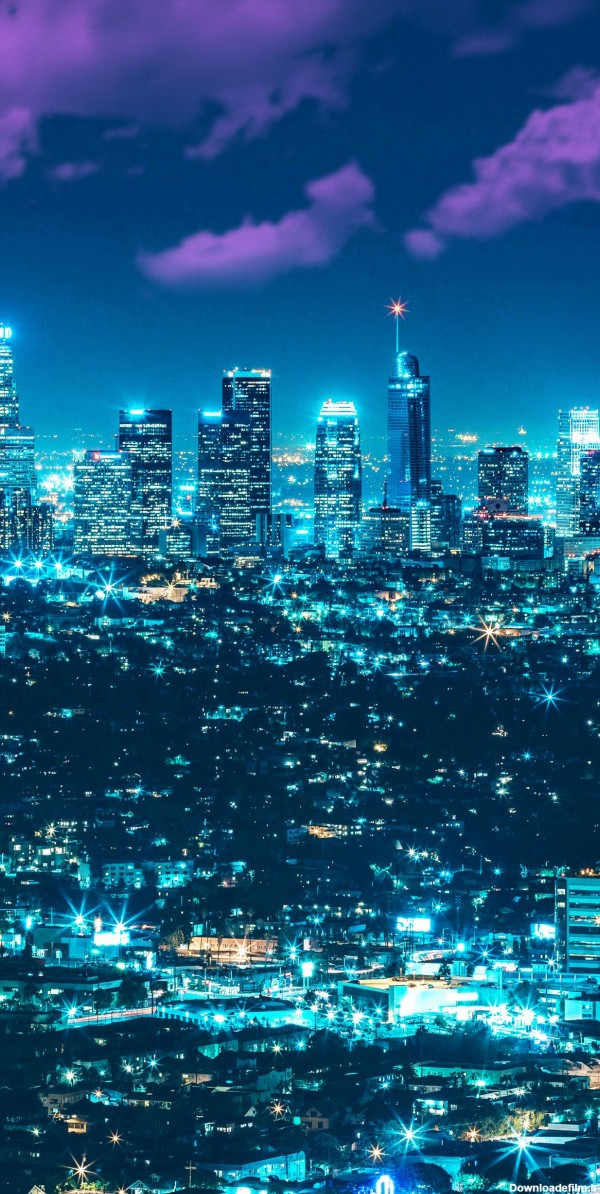 عکس زمینه چراغ های روشن در شب شهر لس آنجلس پس زمینه