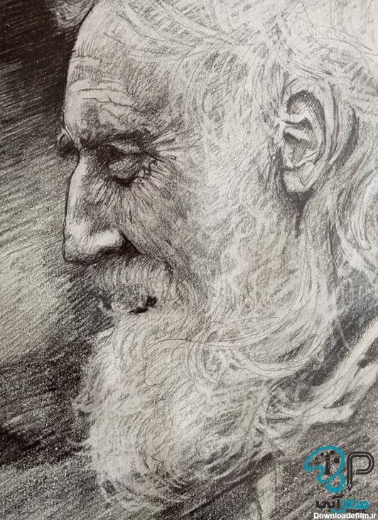 تابلو نقاشی سیاه قلم چهره پیرمرد - مداد آبی