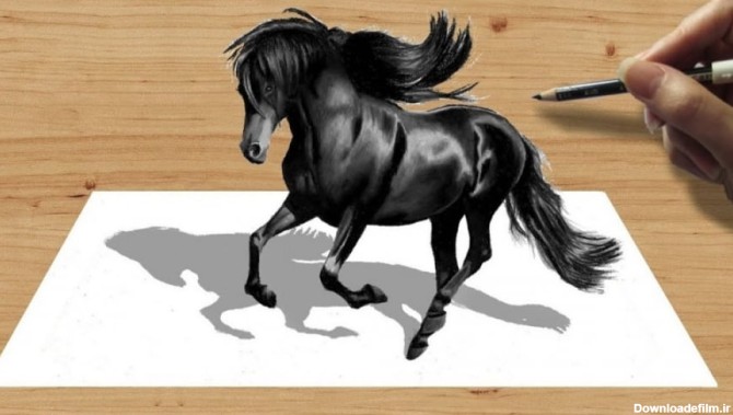 نقاشی سه بعدی با مداد _ اسب سیاه فریزین - آموزش نقاشی